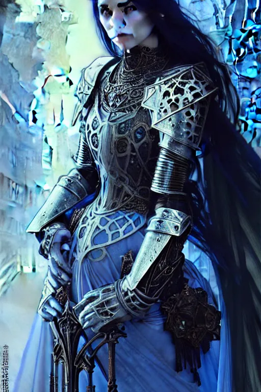 Image similar to beautiful luxury and gothic and victorian and evil medieval female blue & white color armor knight portrait+smoky eyes+light flowing hair, in ruin gothic cathedral, ultradetail face, art and illustration by tian zi and craig mullins and WLOP and alphonse mucha, fantasy, intricate complexity, human structure, fantasy world concept, watermark, blurry, hyperrealism 8k