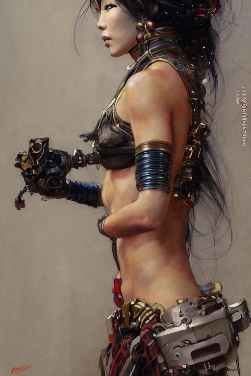 Prompt: portrait full body geisha cyborg painting by gaston bussiere, greg rutkowski, yoji shinkawa, yoshitaka amano, tsutomu nihei, donato giancola, tim hildebrandt, gustav klimt, oil on canvas, trending on artstation, featured on pixiv, cinematic composition, extreme detail