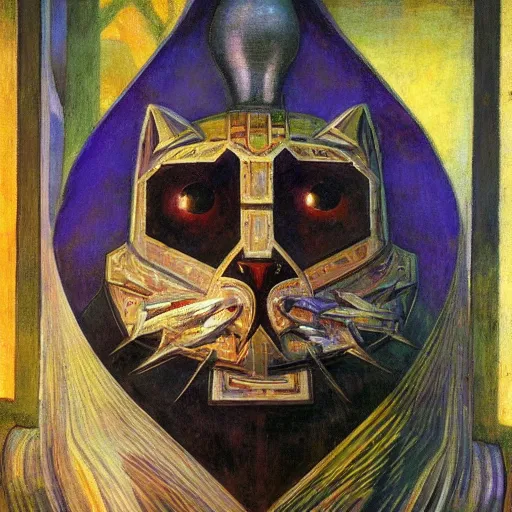 Prompt: painting of a bejeweled robot cat head, by annie swynnerton and diego rivera and nicholas roerich and jean delville, symbolist, dramatic lighting, god rays, elaborate geometric ornament, art brut, rich colors, smooth, sharp focus, extremely detailed, adolf wolfli and ( donato giancola )