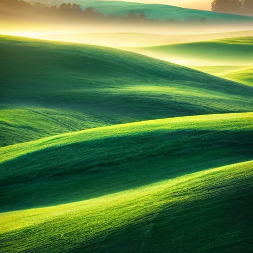 Image similar to https : / / s. mj. run / ixdectgsxzc rolling green hills at dawn. light and shadow. volumetric lighting. award winning photograph