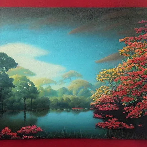 Prompt: A painting of a beautiful scene of nature. The colors are very soft and muted, and the overall effect is one of serenity and peace. The composition is well balanced, and the brushwork is delicate and precise. bright, 2010s, warm red by Virgil Finlay contest winner, #wow