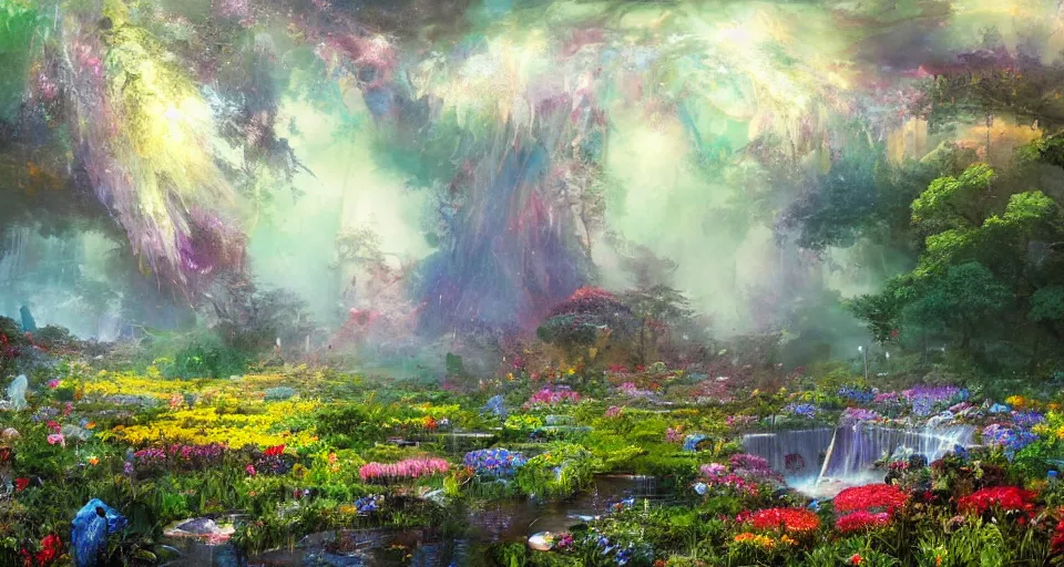 Image similar to a large mystic shrine in a field of flowers, john berkey, mad dog jones, breath - taking beautiful flowers, streams, nebula, and mist, an aesthetically pleasing, dynamic, energetic, lively, complex, intricate, detailed, well - designed digital art of magic, streams, flowers, and mist, early morning, light and shadow