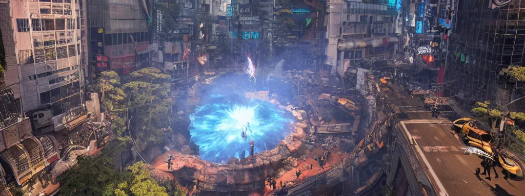 Image similar to large sinkhole in the middle of shibuya tokyo, with ancient glowing spiked wyvern flying creatures emerging from the hole, in the style of monster hunter world, like concept art on artstation, hyperdetailed, vray render, octane render,