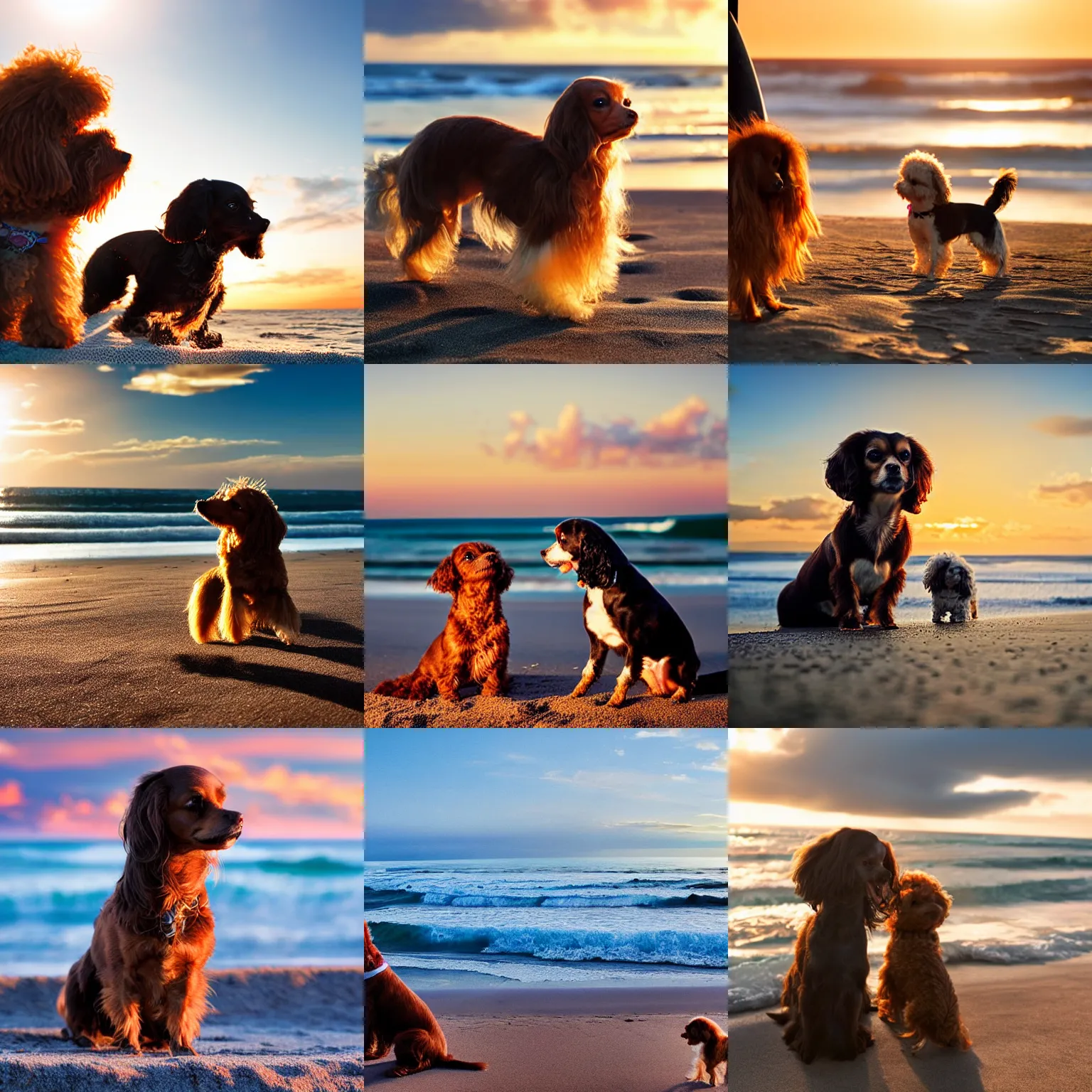 Prompt: a cute brown long haired chihuahua cocker spaniel watches a bichon frise at the beach. sunset, surf. brightly lit. closeup photograph. unreal engine