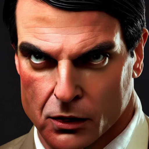 Image similar to hyperrealistic mixed media image of Jair bolsonaro as a vampire, stunning 3d render inspired art by István Sándorfi and Greg Rutkowski, perfect facial symmetry, realistic, highly detailed attributes and atmosphere, dim volumetric cinematic lighting, 8k octane extremely hyper-detailed render, post-processing, masterpiece,