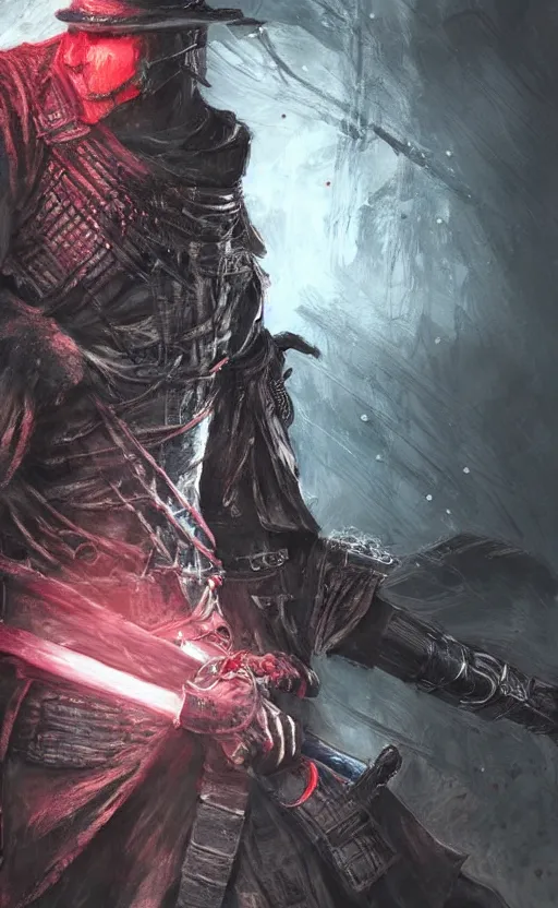 Image similar to a portrait of cyberpunk samurai with double sword, bloodborne concept art, detailed, gorgeous lighting