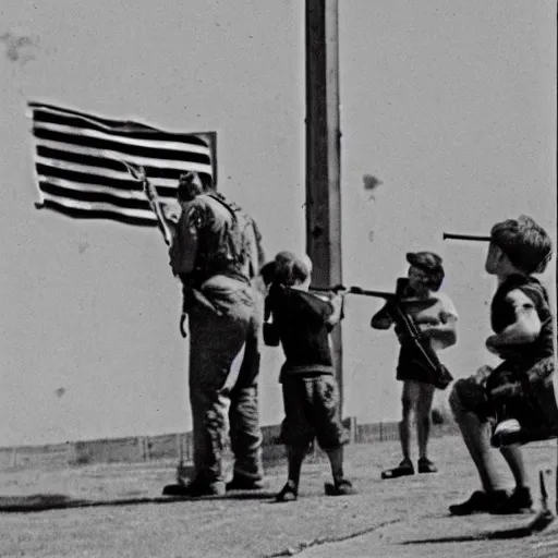 Prompt: little white boy firing assault riffle american flag in background