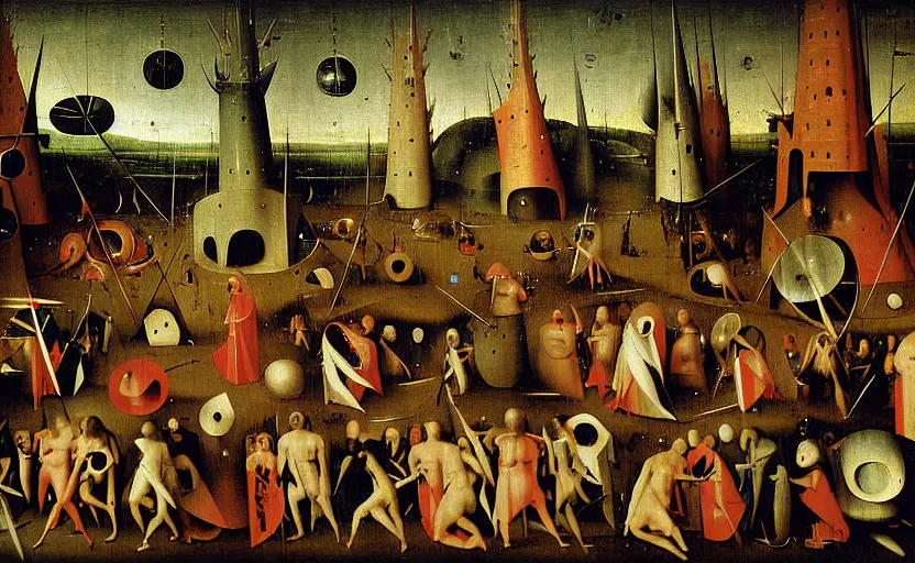 Image similar to geometric painting of an edm rave party by hieronymus bosch