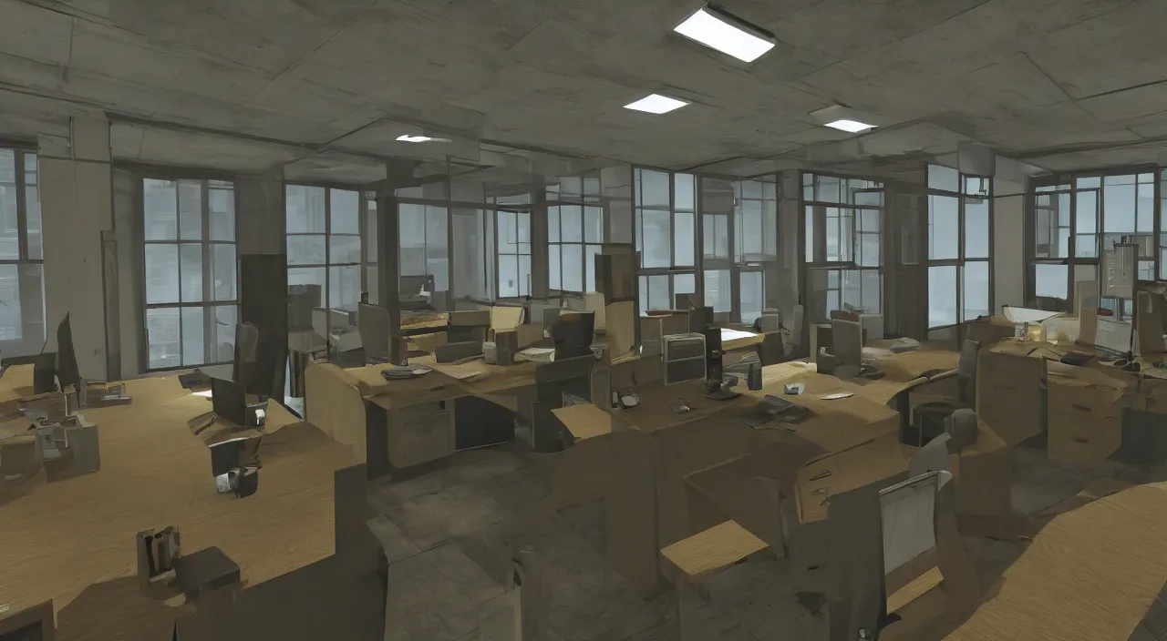 Image similar to An office at 3AM with multiple cubicles and a window that provides a view of the city, Source Engine, Gmod, Half Life 2, Bioshock, Outlast