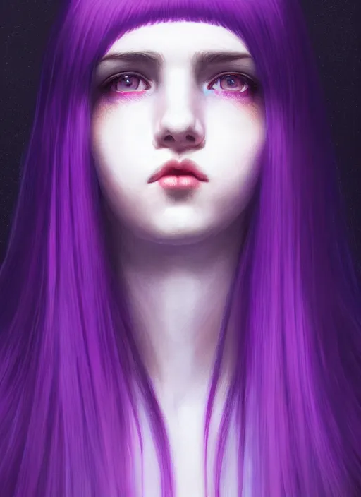 Image similar to hair whitebangs hair, black hair, whitebangs, portrait of teenage girl with white bangs, red irises, purple clothes, white bangs, bangs are different color from hair, intricate, elegant, glowing lights, highly detailed, digital painting, artstation, concept art, smooth, sharp focus, illustration, art by wlop, mars ravelo and greg rutkowski