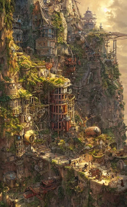 Image similar to steampunk city on a cliff, dense foliage poster art by kim jung giu and weta studio, and lucasfilm and jesper ejsing and norman rockwell greg rutkowski frank frazzeta