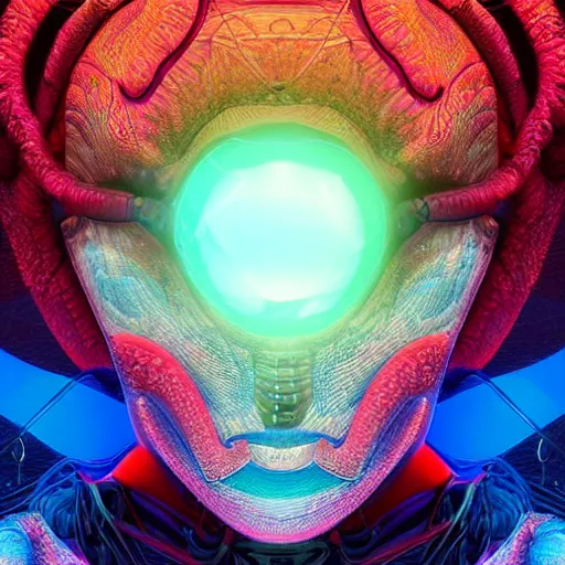 Image similar to Face of a Alien Deity, centered, corals, plume made of geometry, extremly detailed digital painting, sharp focus in the style of android jones, artwork of a futuristic artificial intelligence superstar with frames made of detailed circuits, mystical colors, rim light, beautiful lighting, 8k, stunning scene, raytracing, octane, under water visual distortion, dark tones colors, trending on artstation