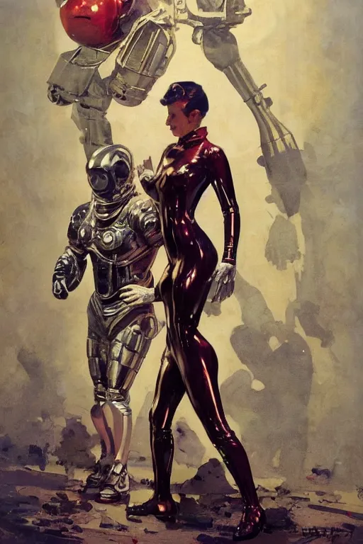 Prompt: bipedal bull standing beside elegant lady wearing a latex spacesuit, by norman rockwell, jack kirby, jon berkey, earle bergey, craig mullins, ruan jia, jeremy mann, tom lovell, marvel, astounding stories, 5 0 s pulp illustration, scifi, fantasy, artstation creature concept