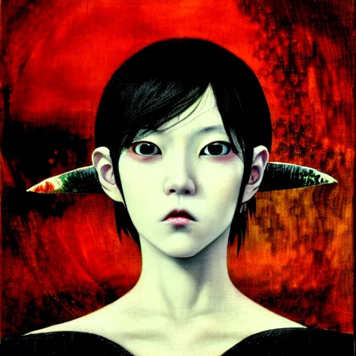 Image similar to yoshitaka amano blurred and dreamy realistic three quarter angle horror portrait of a sinister young woman with short hair, horns and red eyes wearing office suit with tie, junji ito abstract patterns in the background, satoshi kon anime, noisy film grain effect, highly detailed, renaissance oil painting, weird portrait angle, blurred lost edges