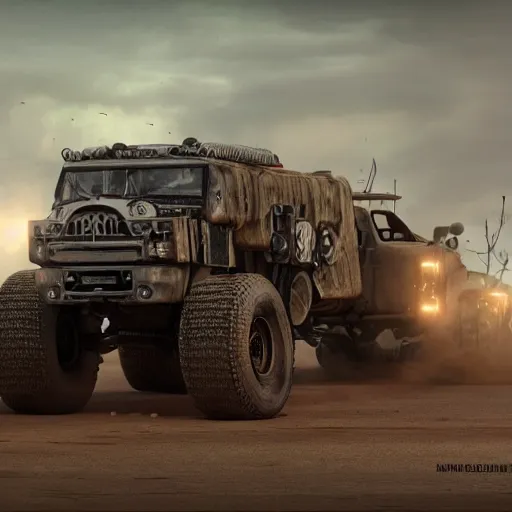 Image similar to a mad max truck with gatling guns on the side, au naturel, hyper detailed, digital art, trending in artstation, cinematic lighting, studio quality, smooth render, unreal engine 5 rendered, octane rendered, art style by klimt and nixeu and ian sprigger and wlop and krenz cushart