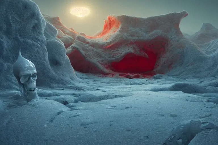 Image similar to a hd render of a surreal frozen landscape, cinematic lighting, by beeple and zdzisław beksinski, hovering red skull spilling blood