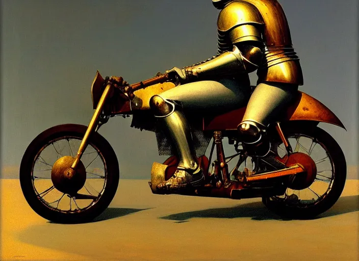 Image similar to knight in armor sitting on a motorcycle, rome, highly detailed, soft lighting, elegant, works by edward hopper and james gillard, zdislaw beksinski, stephen outram, andreas m wiese, highly detailed