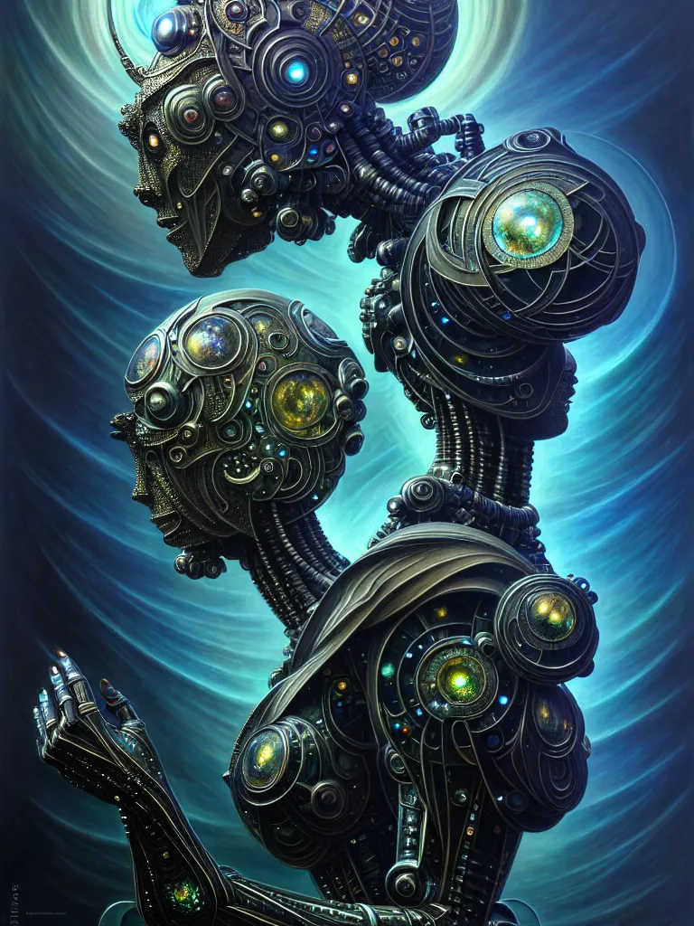 Image similar to front shot of a robot queen , character, hyperdimensional, bioluminescent hypercubes, dark holography, spectral, chrome, intricate, elegant, highly detailed, centered, artstation, concept art, smooth, sharp focus, artgerm, Tomasz Alen Kopera, Peter Mohrbacher, donato giancola, Joseph Christian Leyendecker, WLOP, Boris Vallejo, mugshot, octane render, nvidia raytracing demo, 8K