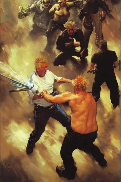 Image similar to guy fieri enraged, fighting gordon ramsay, punching, motion lines, action lines, painting by'phil hale '!!! gaston bussiere, craig mullins, greg rutkowski, alphonse mucha,