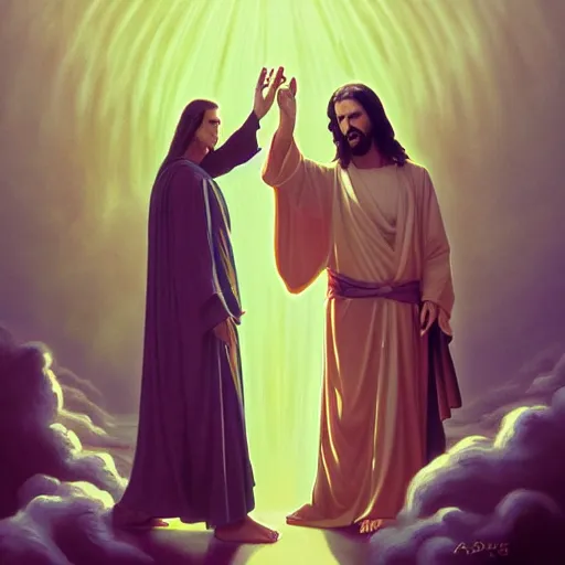 Image similar to buddy christ from dogma by kevin smith as christ the redeemer pointing both fingers in front of him, dynamic composition, dramatic lighting, trending on artstation, award winning art, stylized painting, ultrawide lens, aerial photography, rio de janeiro, 4 k, art by william bouguereau, alphonse mucha, greg rutkowski,
