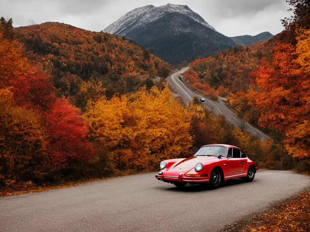 Image similar to a porsche singer with lights on a mountain road, autumn leaves, motion blur, 3 5 mm photography, car photography, clean lines, realistic