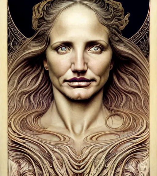 Image similar to detailed realistic cameron diaz face portrait by jean delville, gustave dore and marco mazzoni, art nouveau, symbolist, visionary, gothic, pre - raphaelite. horizontal symmetry by zdzisław beksinski, iris van herpen, raymond swanland and alphonse mucha. highly detailed, hyper - real, beautiful, fractal baroque