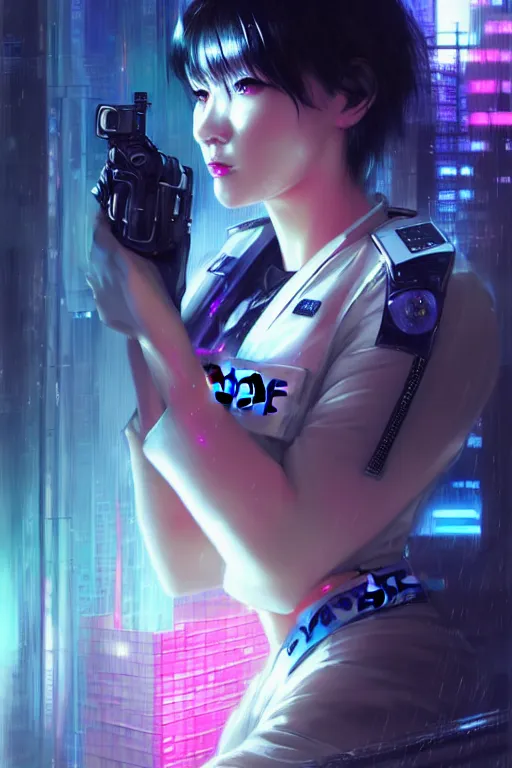 Prompt: portrait futuristic lovely cyberpunk female police, in heavy rainning futuristic tokyo rooftop cyberpunk night, ssci-fi, fantasy, intricate, very very beautiful, elegant, neon light, highly detailed, digital painting, artstation, concept art, soft light, hdri, smooth, sharp focus, illustration, art by tian zi and craig mullins and WLOP and alphonse mucha