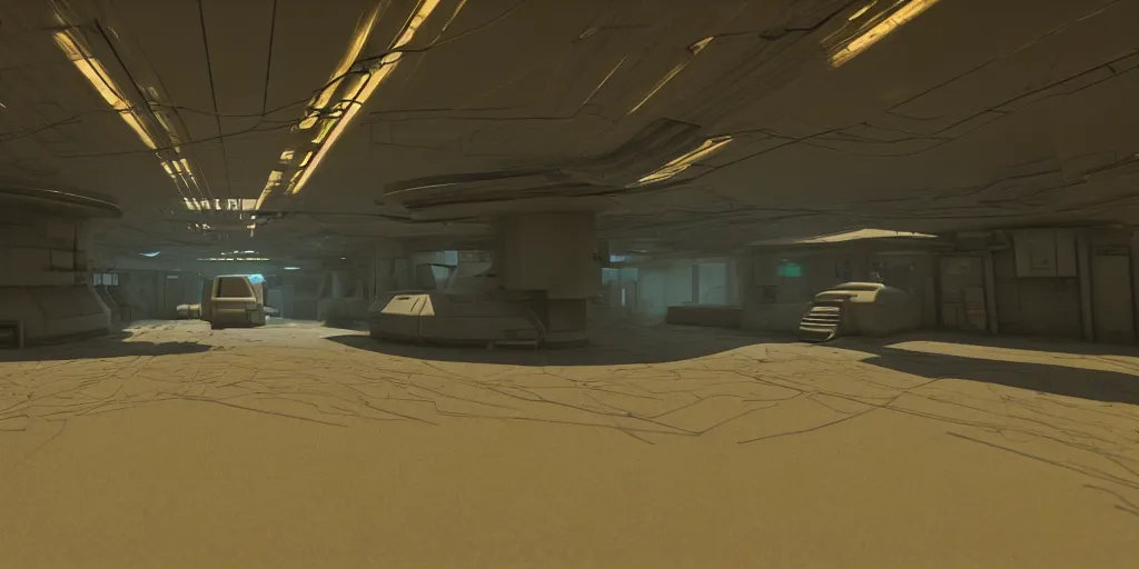 Prompt: i took a walk down and all dusty road in the spaceship base colony town in the cyberpunk like dark and moody realistic 3 - d modelling volumetric lighting asymmetric design