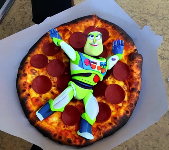 Image similar to buzz lightyear melting into a pizza with a look of shame and sadness on his face.