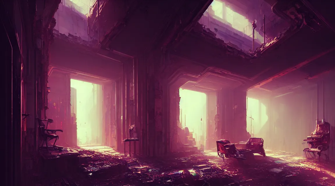 Prompt: post apocalyptic palace interior, hallway interior, human silhouette, furniture, interior decoration, by pascal blanche, neil blevins, trending on artstation, vibrant color scheme, photorealistic, hyper detailed, hyper realistic, cyberpunk