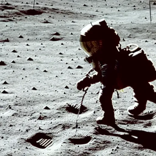 Prompt: a child taking his dog for a walk on the moon near the human settlement