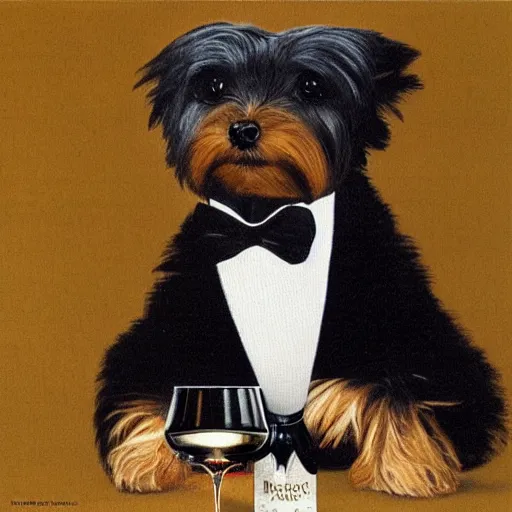 Image similar to a Yorkshire terrier on a yacht wearing a black bow tie holding a bottle of Dom Pérignon, extremely detailed masterpiece, illustration, by Michael Sowa,