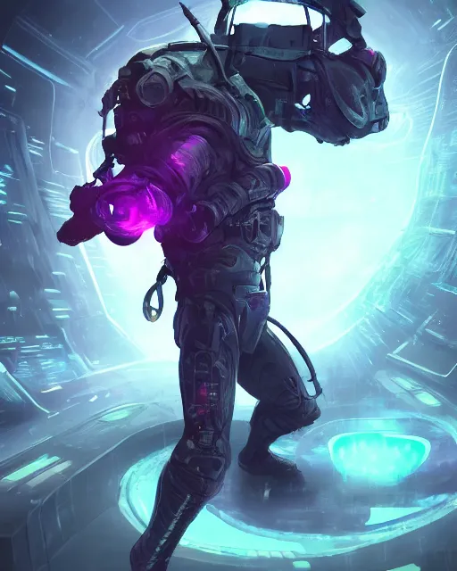 Prompt: Sci-Fi Lightning Elemental, diffuse, blurry, art by Kashin, Wadim, Martinière, Stephan, Anton Fadeev, holding rifle, pitch black cursed evil Spaceship hallway, dark light, soft purple glow, heroic pose, sci-fi artwork, octane render, dead space artwork, cyberpunk, vivid colors, occult, magical, volumetric lighting, 8k high definition, highly detailed, trending on art Station, centered, by Greg Rutkovski, sci-fi artwork, arnold render