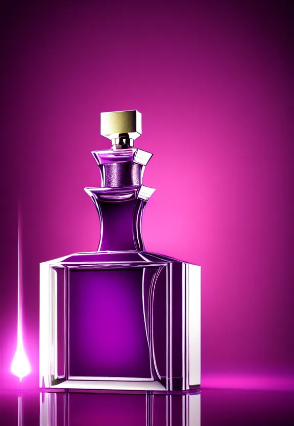 Prompt: close up shot of one premium perfume bottle containing purple liquid, the bottle is placed on a table, the bottle is in the middle of the scene ultra detail, commercial, designer product, cinematic lighting, hd artstation, symmetrical, rendered, 4k