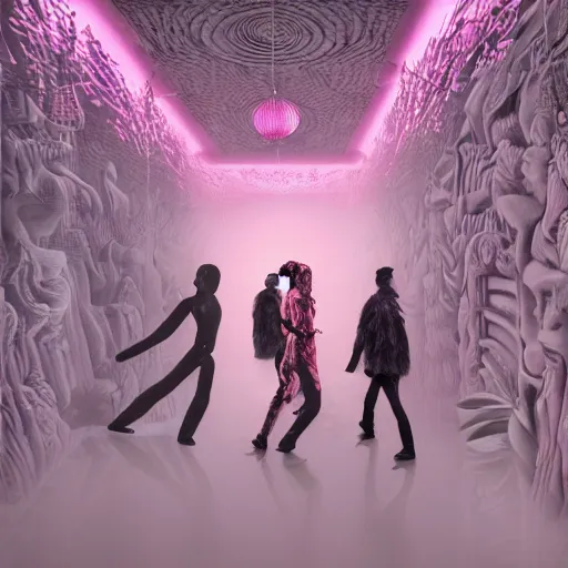 Image similar to photorealistic underground dance club, chinese exquisite carving sculpture, the sculpture is inflatable, fog pink hell themed, bosch paintings on walls, fog pink orchids growing on people, the human body is slowly merging with the sculpture, phantom, francis bacon, people wear surreal dramatic down jackets designed by jean - paul gaultier, epic photorealistic octane render ， hd film camera