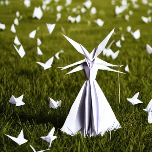 Image similar to A girl made of paper folded origami dramatic lighting, with bokeh effect in a sunny meadow