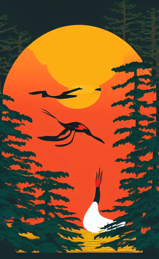 Image similar to hanafuda, a huge japanese crane bird is flying above a lake in the middle of a forest of japanese pines, a big red sun in the background, front game card, vector line art, trending on behance, concept art, stunning, matte