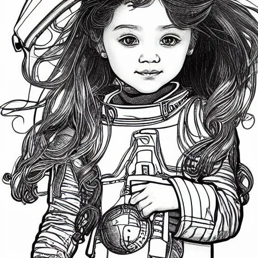 Prompt: clean simple line art of a cute little girl with a mischievous face and short brown wavy curly hair. she is dressed as an astronaut. no background. well composed, clean coloring book page, beautiful detailed face. coloring book line art by artgerm and greg rutkowski and johanna basford and alphonse mucha