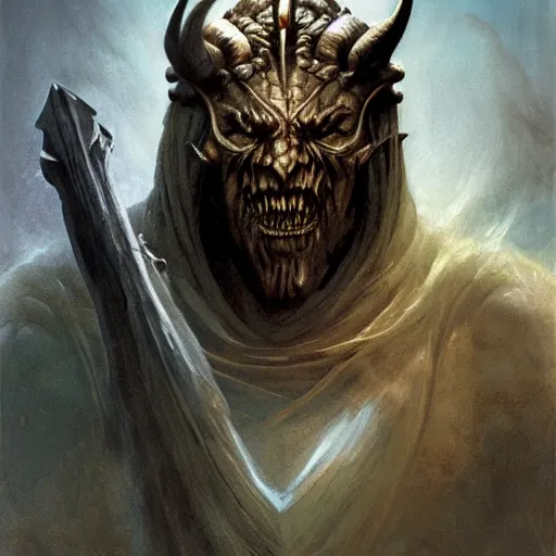 Image similar to head and shoulders portrait of a wraith king, d & d, fantasy, greg rutkowski, frank frazetta, alexandre chaudret, boris vallejo, michael whelan, miro petrov, hr giger, magali villeneuve, donato giancola