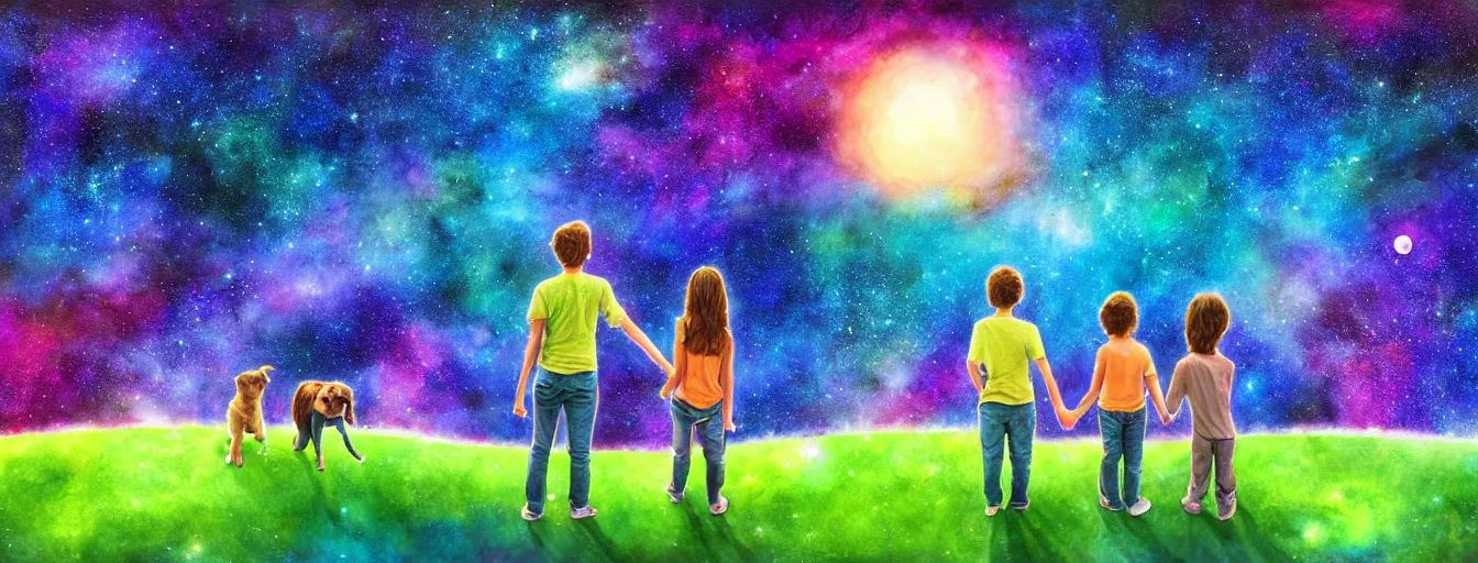 Image similar to rear view of a young couple and a kid standing in a small green planet, holding hands and a dog sitting next to them, looking to the night sky displaying an entire colorful universe, digital art, epic, colorful, highly detailed, watercolor