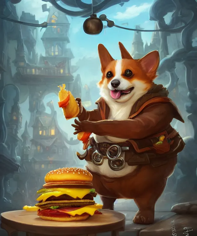 Image similar to a portrait of an anthropomorphic corgi cat eating hamburgers and fries, restaurant in background, cute and adorable, dnd character art portrait, well rendered matte fantasy painting, deviantart artstation, by jason felix by steve argyle by tyler jacobson by peter mohrbacher, cinematic lighting