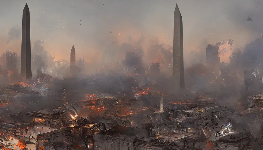 Image similar to destroyed washington dc with damaged buildings by james gurney, smoke, fire and ashes, hyperdetailed, artstation, cgsociety, 8 k