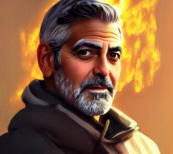 Image similar to portrait of george clooney, fire in eye, snow glow, pool party, highly detailed, digital painting, artstation, sharp focus, illustration, art by tan zi and ayanamikodon and alphonse mucha and wlop