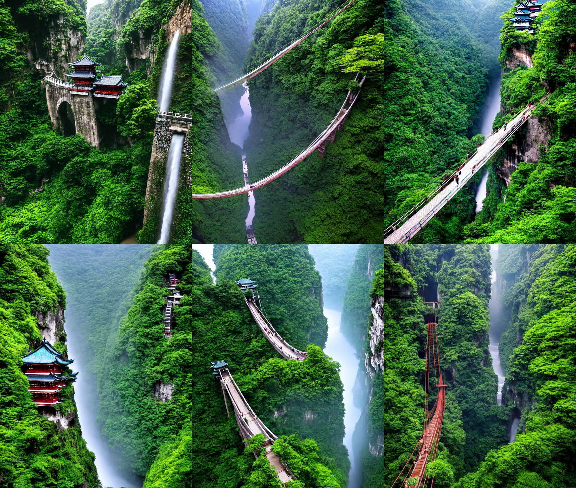 Prompt: establishing wide shot inside han son doong with waterfalls on either side of the cliff walls, at the top of the cliff is a japanese castle, an old suspension bridge spans the walls