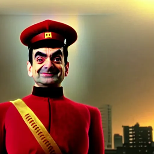 Prompt: mr. bean as m. bison from the streetfighter movie. movie still. cinematic lighting.