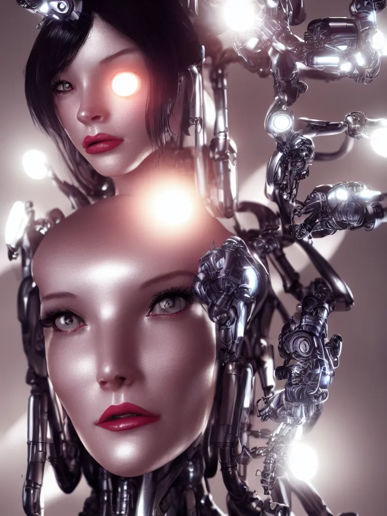 Image similar to cinematic, portrait photography, portrait face, a beautiful betty page cyborg, perfect chromium and porcelain bionic body, ui data displays, hud interface, hajime sorayama, h. r. giger, octane rendered, 4 k, lens flare,