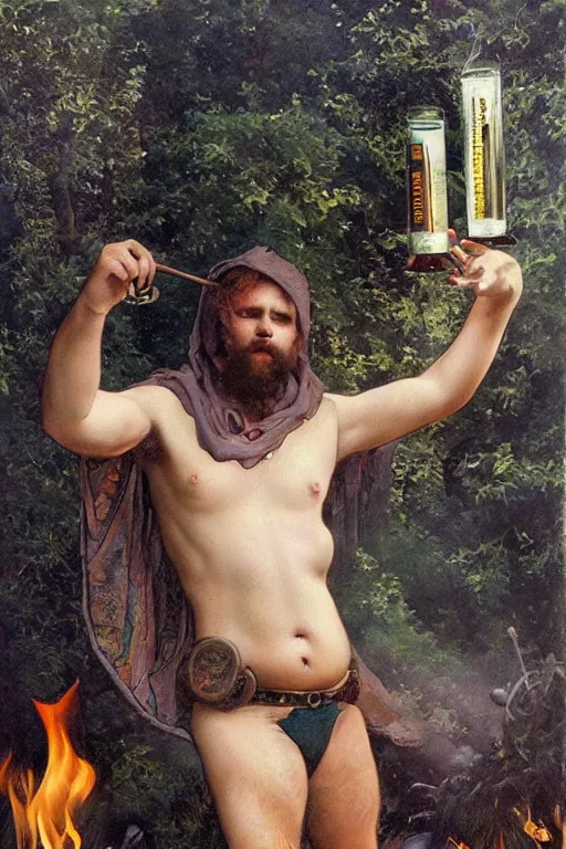 Prompt: a dramatic, epic, ethereal painting of a handsome thicc shirtless cowboy with a beer belly wearing a large belt and hat | background is a late night campfire with food and jugs of whisky | homoerotic | fire, flames, stars, tarot card, art deco, art nouveau | by Mark Maggiori ((((and Alphonse Mucha)))) | trending on artstation