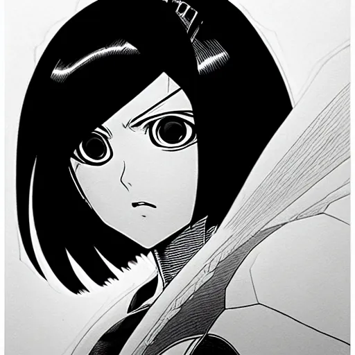 Image similar to alita by yukito kishiro. medium shot. black and white manga. pencil drawing.