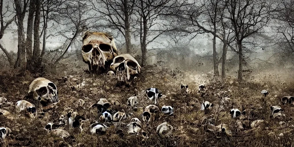 Image similar to beautiful decaying nature landscape with skulls everywhere