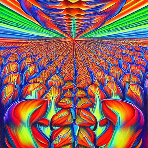 Image similar to tripping on psychedelic mushrooms in vegas, by Alex Grey, highly detailed painting